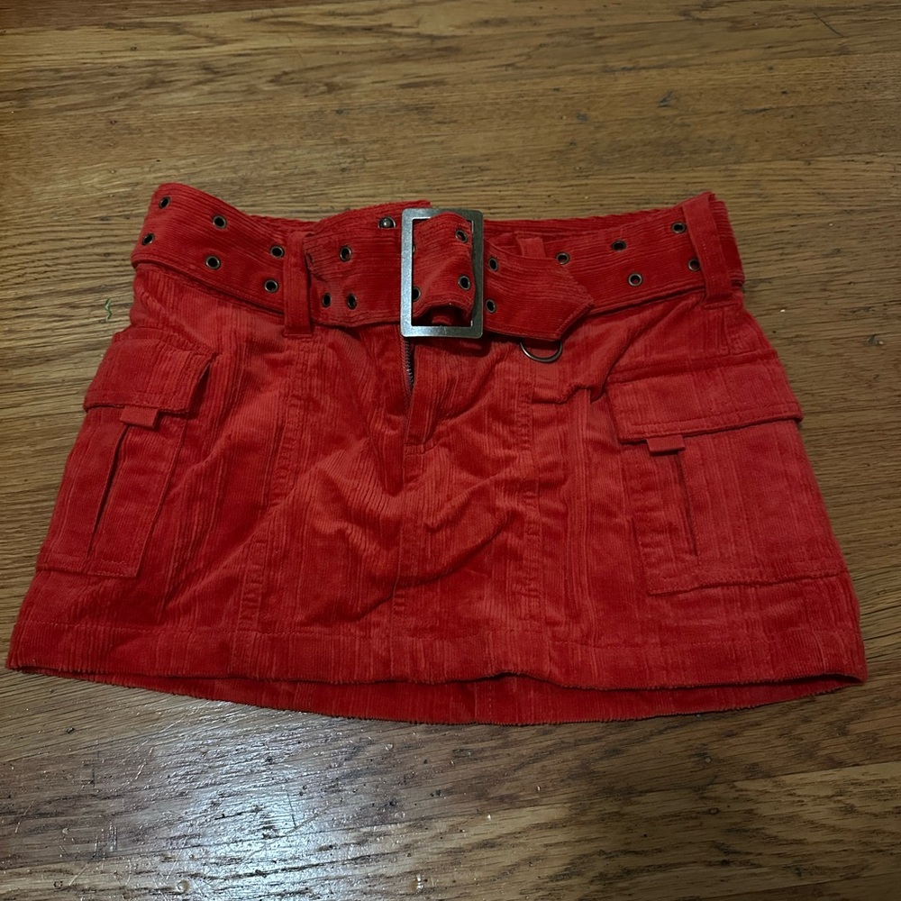 Red Corduroy Mini Skirt with Belt